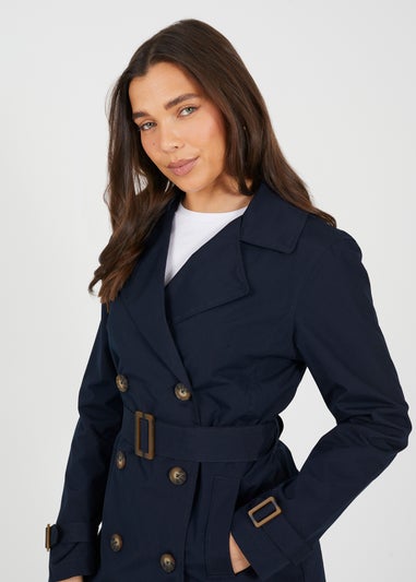 Brave Soul Navy Double Breasted Belted Trench Coat