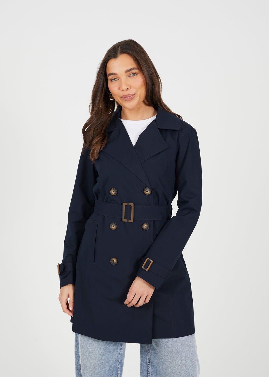 Brave Soul Navy Double Breasted Belted Trench Coat