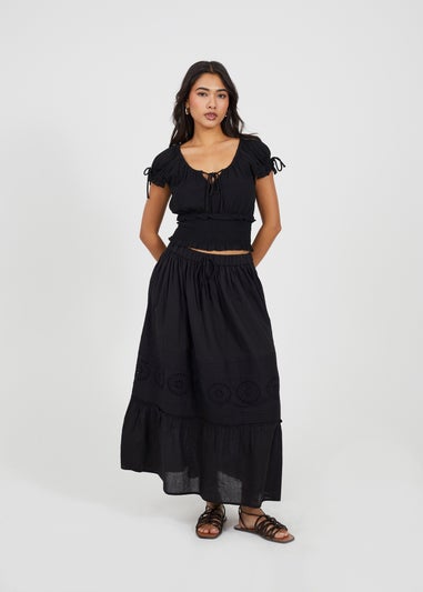 Brave Soul Black Tiered Maxi Skirt With Embroidery