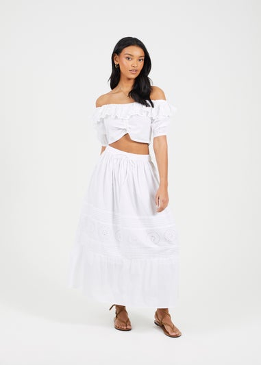 Brave Soul White Tiered Maxi Skirt With Embroidery
