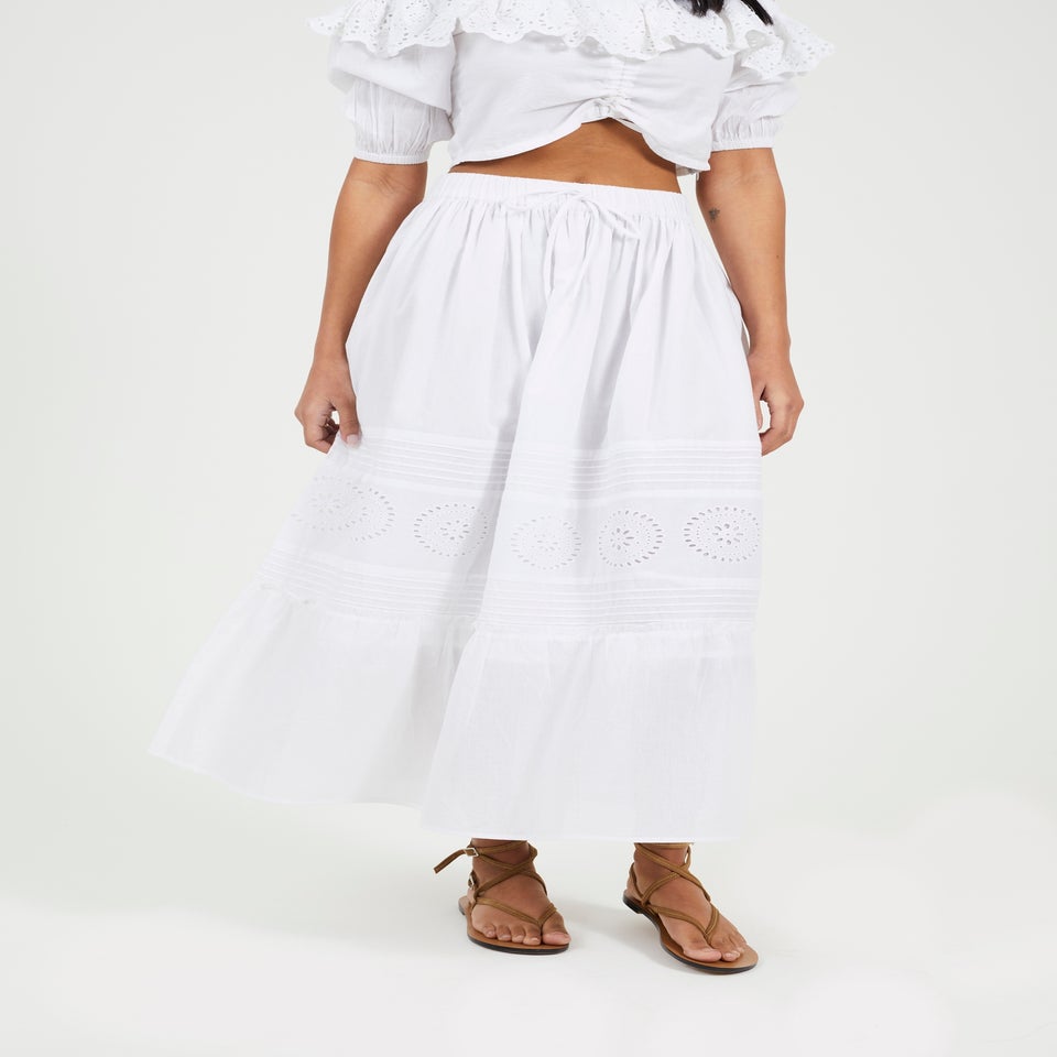 Brave Soul White Tiered Maxi Skirt With Embroidery