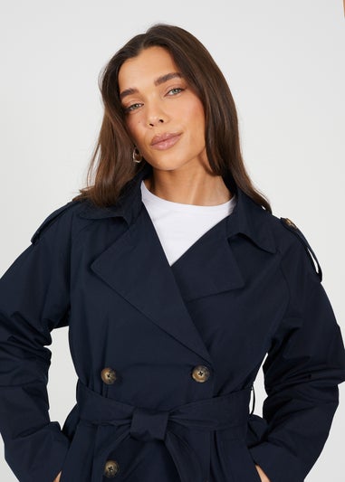Brave Soul Navy Double Breasted Short Mac With Self Tie Belt