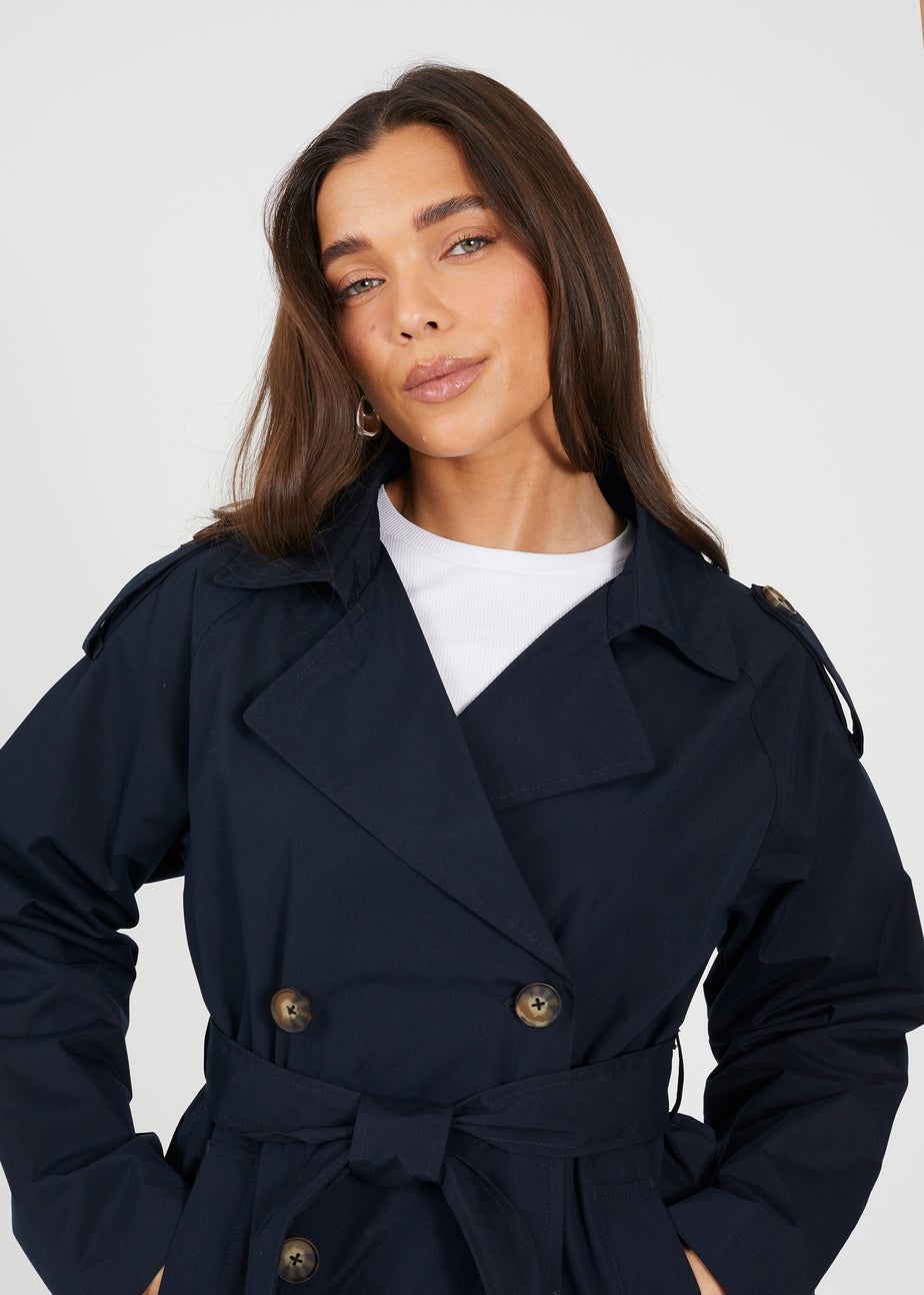 Brave Soul Navy Double Breasted Short Mac With Self Tie Belt