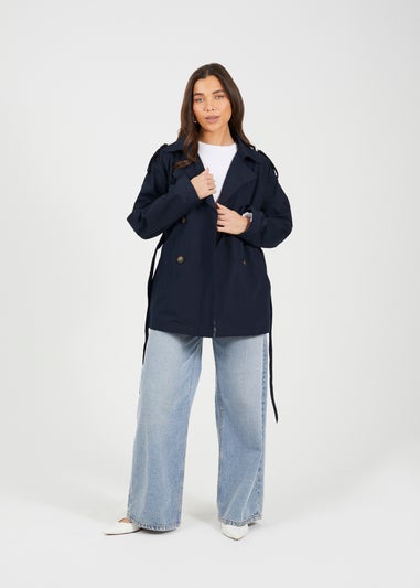 Brave Soul Navy Double Breasted Short Mac With Self Tie Belt