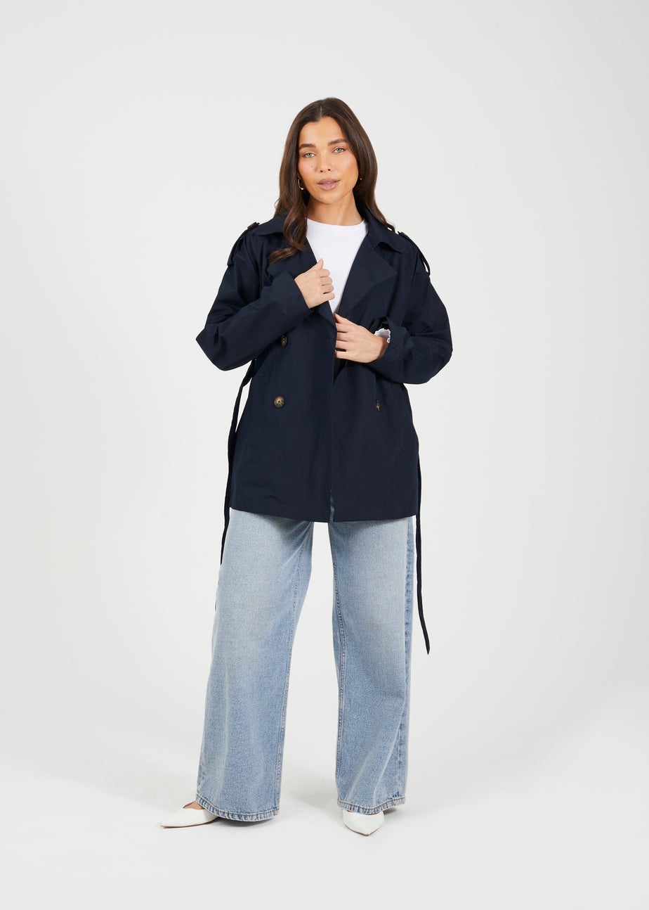 Brave Soul Navy Double Breasted Short Mac With Self Tie Belt