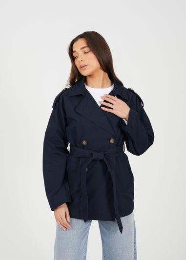 Brave Soul Navy Double Breasted Short Mac With Self Tie Belt