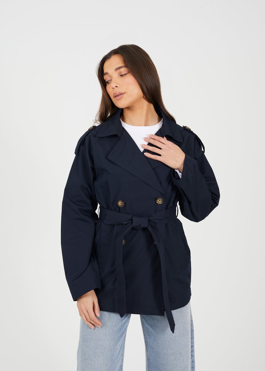 Brave Soul Navy Double Breasted Short Mac With Self Tie Belt