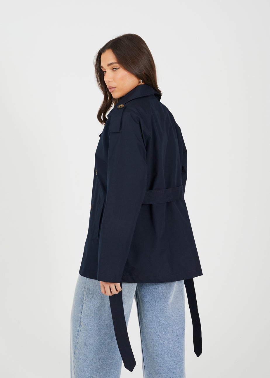 Brave Soul Navy Double Breasted Short Mac With Self Tie Belt