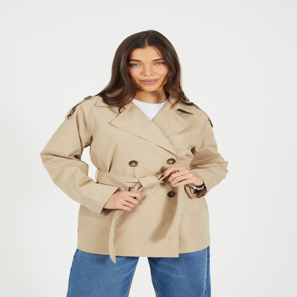 Brave Soul Stone Double Breasted Short Mac With Self Tie Belt