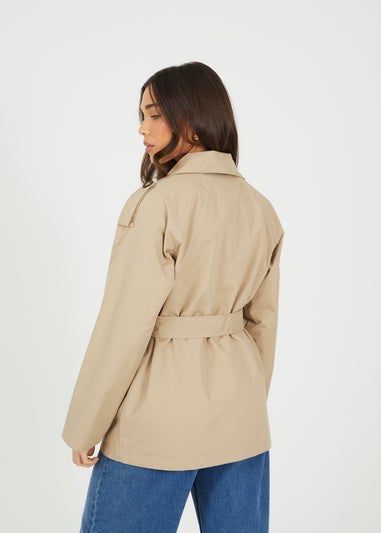 Brave Soul Stone Double Breasted Short Mac With Self Tie Belt