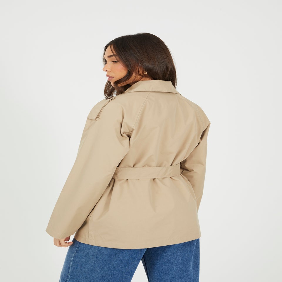 Brave Soul Stone Double Breasted Short Mac With Self Tie Belt