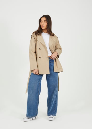 Brave Soul Stone Double Breasted Short Mac With Self Tie Belt