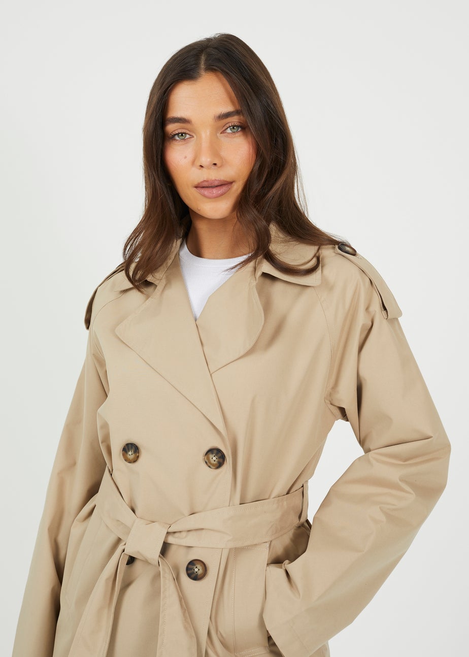 Brave Soul Stone Double Breasted Short Mac With Self Tie Belt