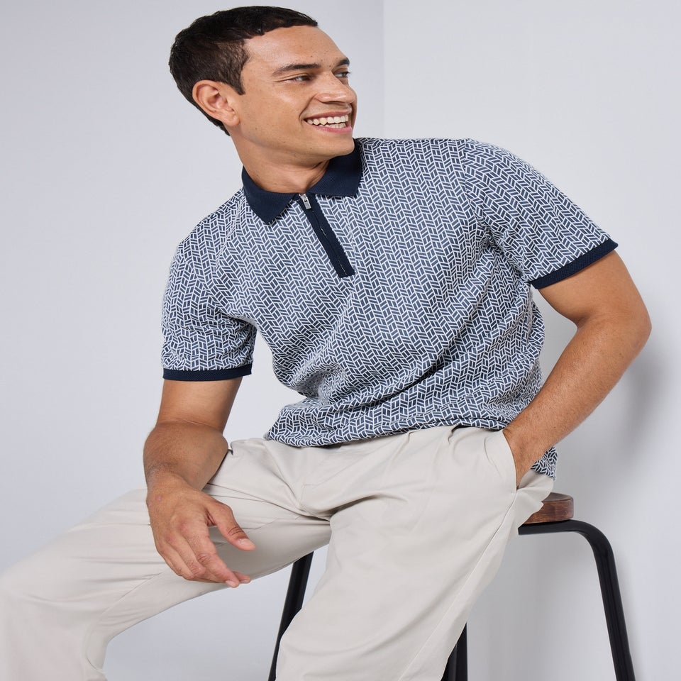 Blue Smart Printed Zip Polo Shirt