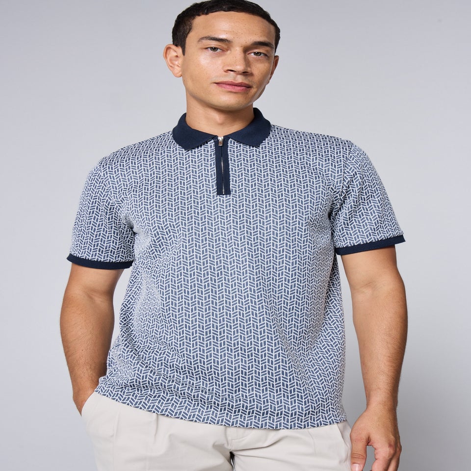 Blue Smart Printed Zip Polo Shirt