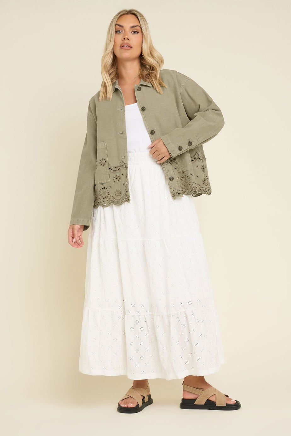 YOURS Curve Khaki Green Broderie Anglaise Twill Shacket