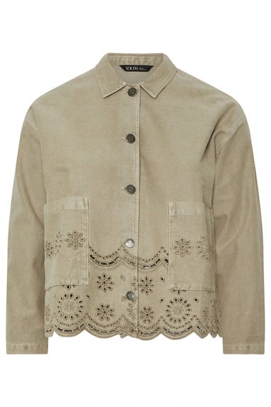 YOURS Curve Khaki Green Broderie Anglaise Twill Shacket