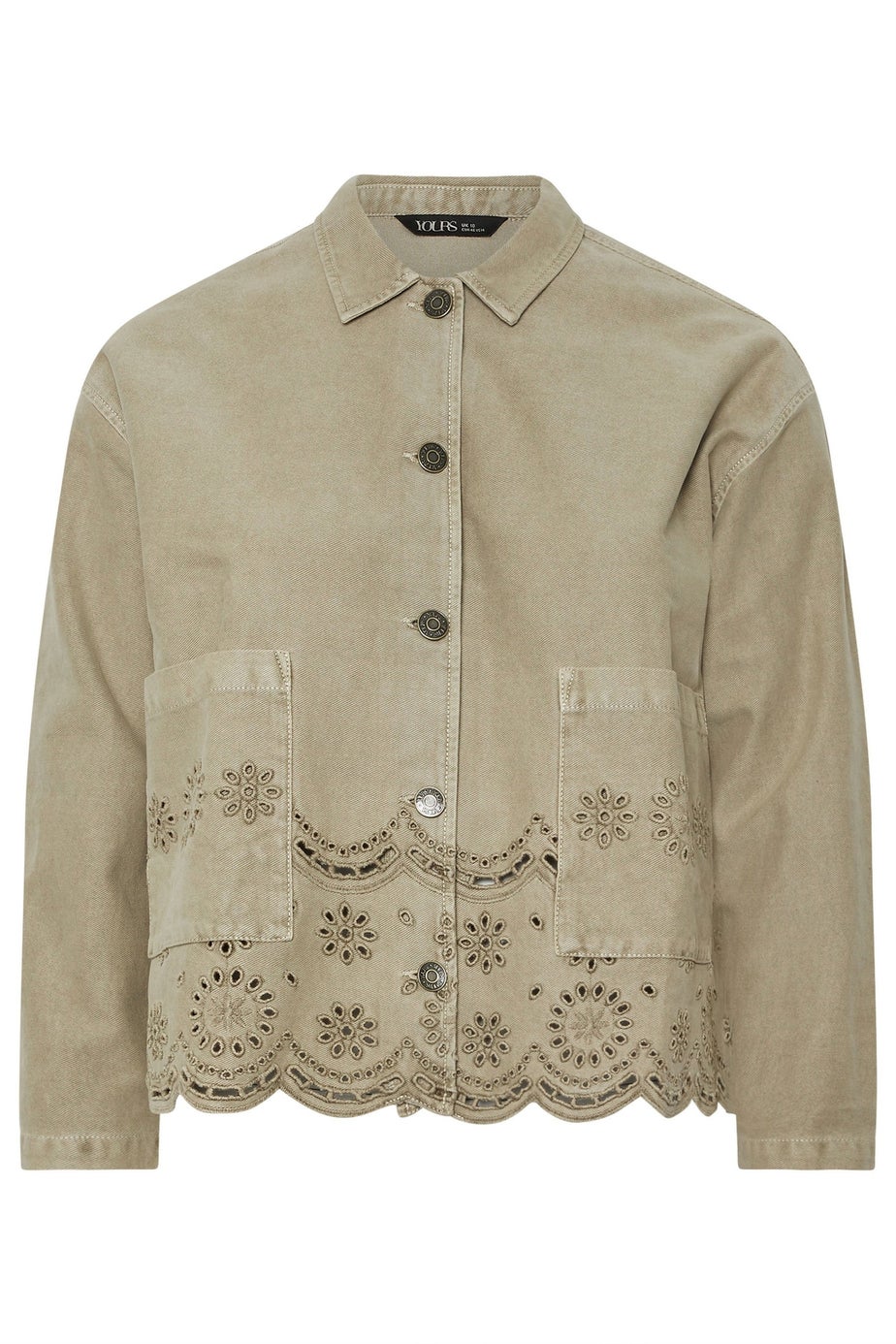 YOURS Curve Khaki Green Broderie Anglaise Twill Shacket