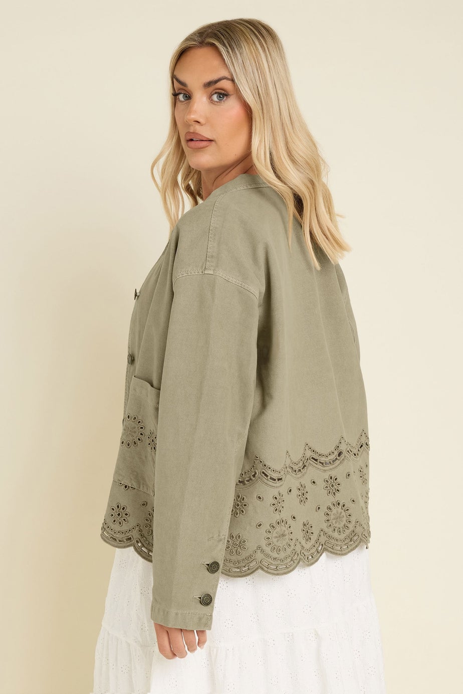 YOURS Curve Khaki Green Broderie Anglaise Twill Shacket