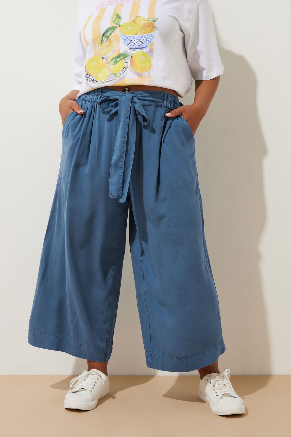 Yours Curve Blue Chambray Tie Waist Cropped Trousers
