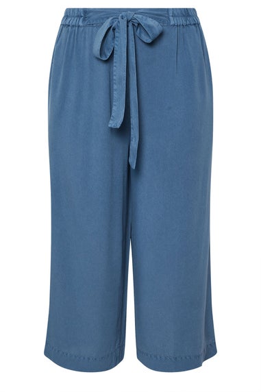 Yours Curve Blue Chambray Tie Waist Cropped Trousers