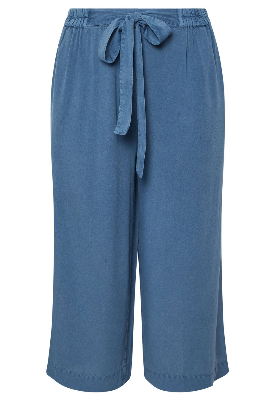 Yours Curve Blue Chambray Tie Waist Cropped Trousers