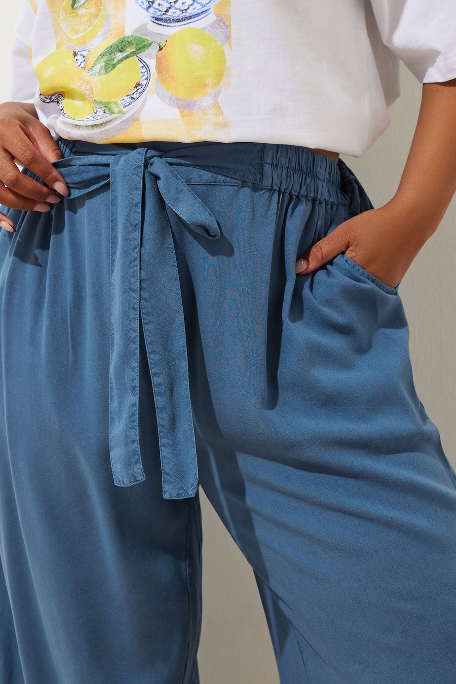 Yours Curve Blue Chambray Tie Waist Cropped Trousers