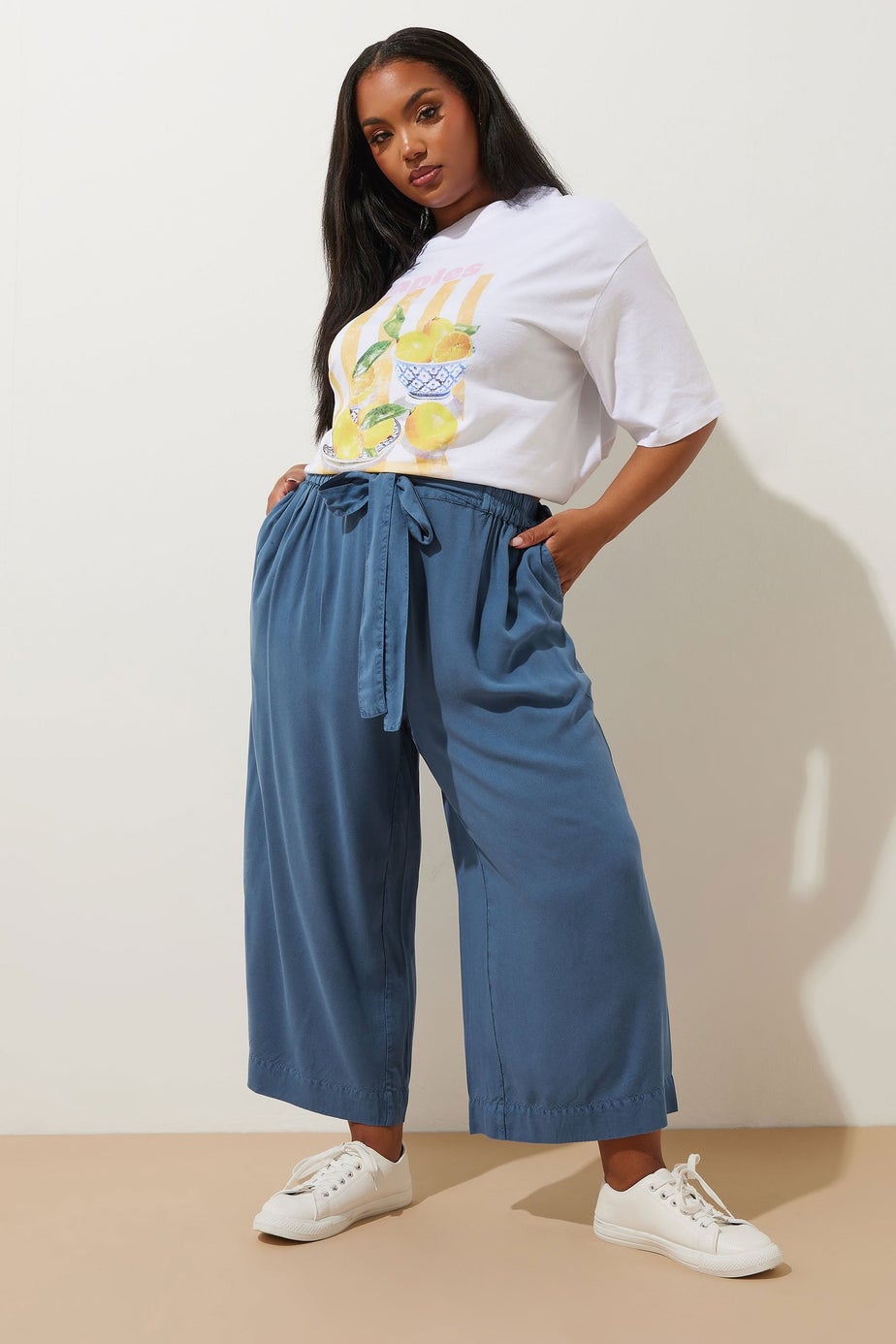 Yours Curve Blue Chambray Tie Waist Cropped Trousers