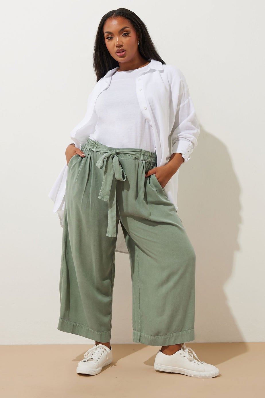 Yours Curve Sage Green Chambray Tie Waist Cropped Trousers
