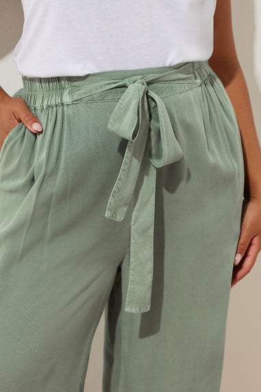 Yours Curve Sage Green Chambray Tie Waist Cropped Trousers