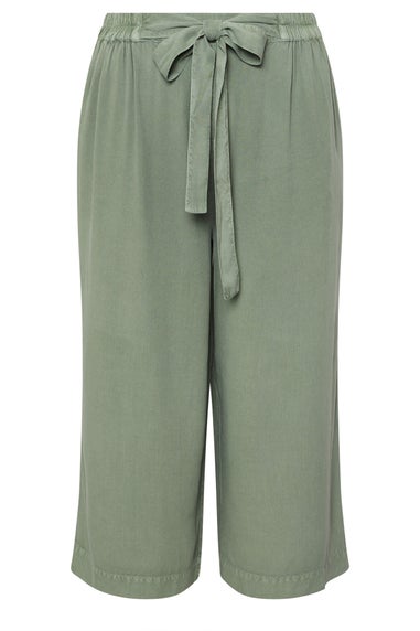 Yours Curve Sage Green Chambray Tie Waist Cropped Trousers