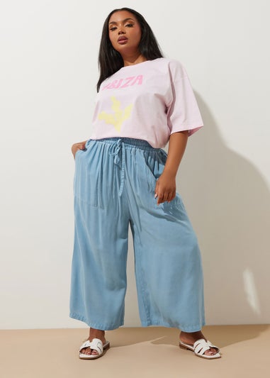 Yours Curve Blue Chambray Tie Front Culottes