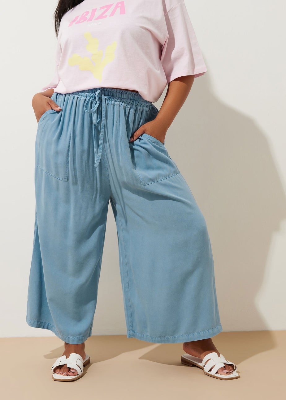 Yours Curve Blue Chambray Tie Front Culottes