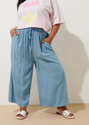 Yours Curve Blue Chambray Tie Front Culottes