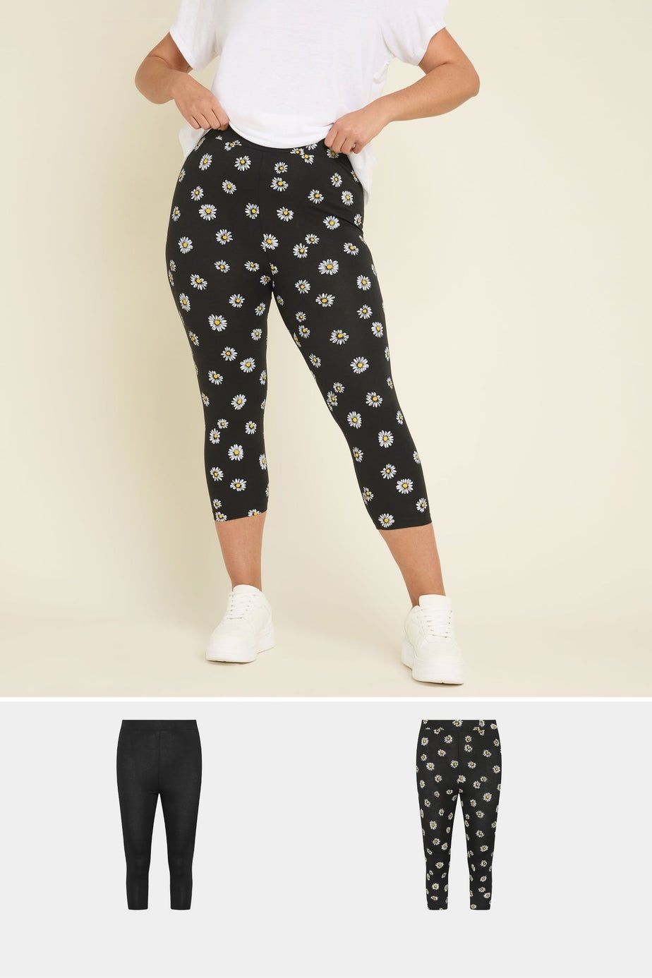 Yours 2 Pack Curve Black Daisy Print Cropped Leggings
