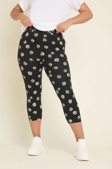 Yours 2 Pack Curve Black Daisy Print Cropped Leggings