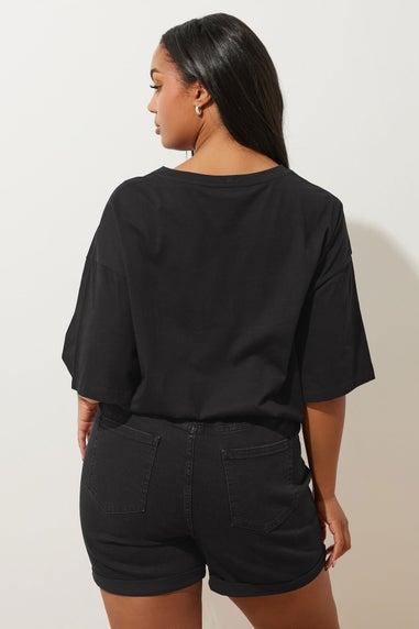 Yours Curve Black Washed Elasticated Waist Turn Up Denim Shorts