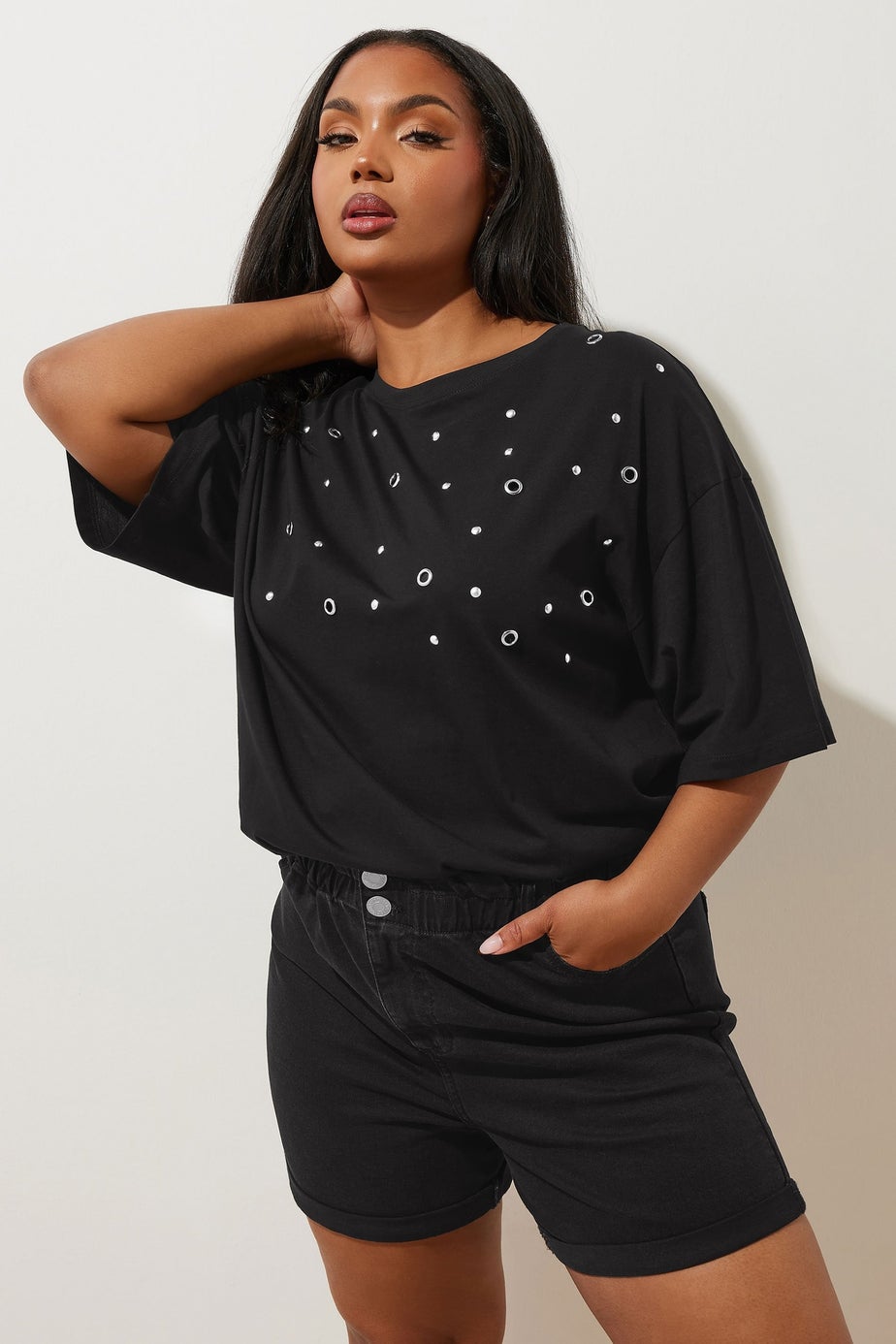 Yours Curve Black Washed Elasticated Waist Turn Up Denim Shorts