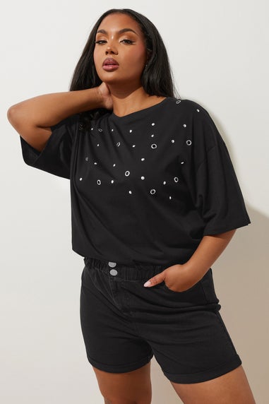 Yours Curve Black Washed Elasticated Waist Turn Up Denim Shorts