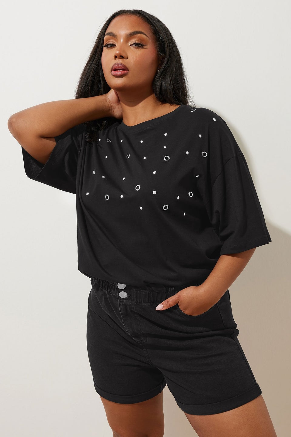 Yours Curve Black Washed Elasticated Waist Turn Up Denim Shorts