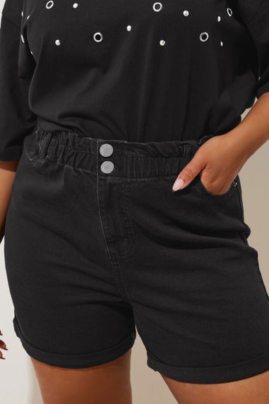 Yours Curve Black Washed Elasticated Waist Turn Up Denim Shorts
