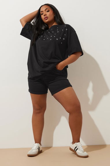 Yours Curve Black Washed Elasticated Waist Turn Up Denim Shorts