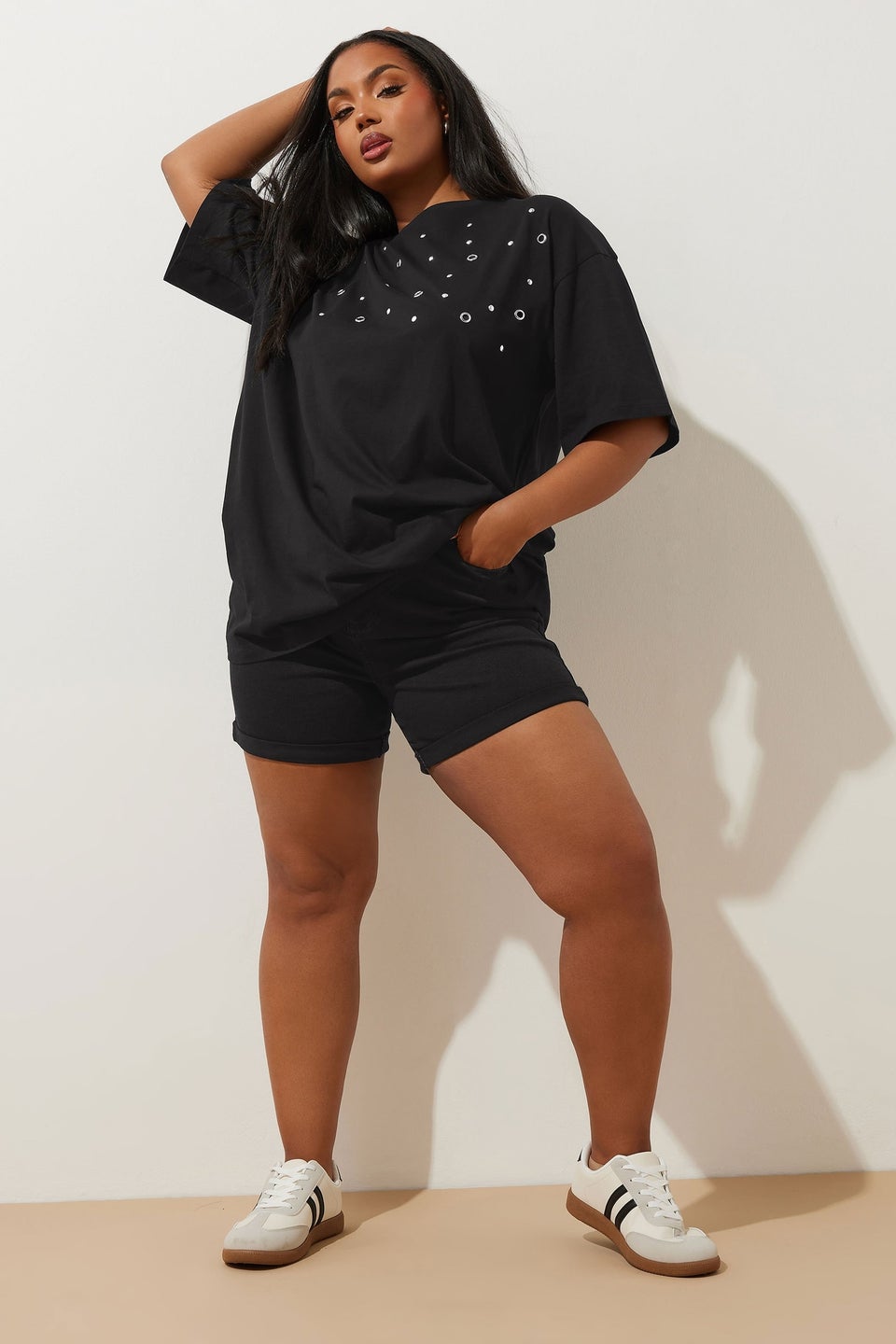 Yours Curve Black Washed Elasticated Waist Turn Up Denim Shorts