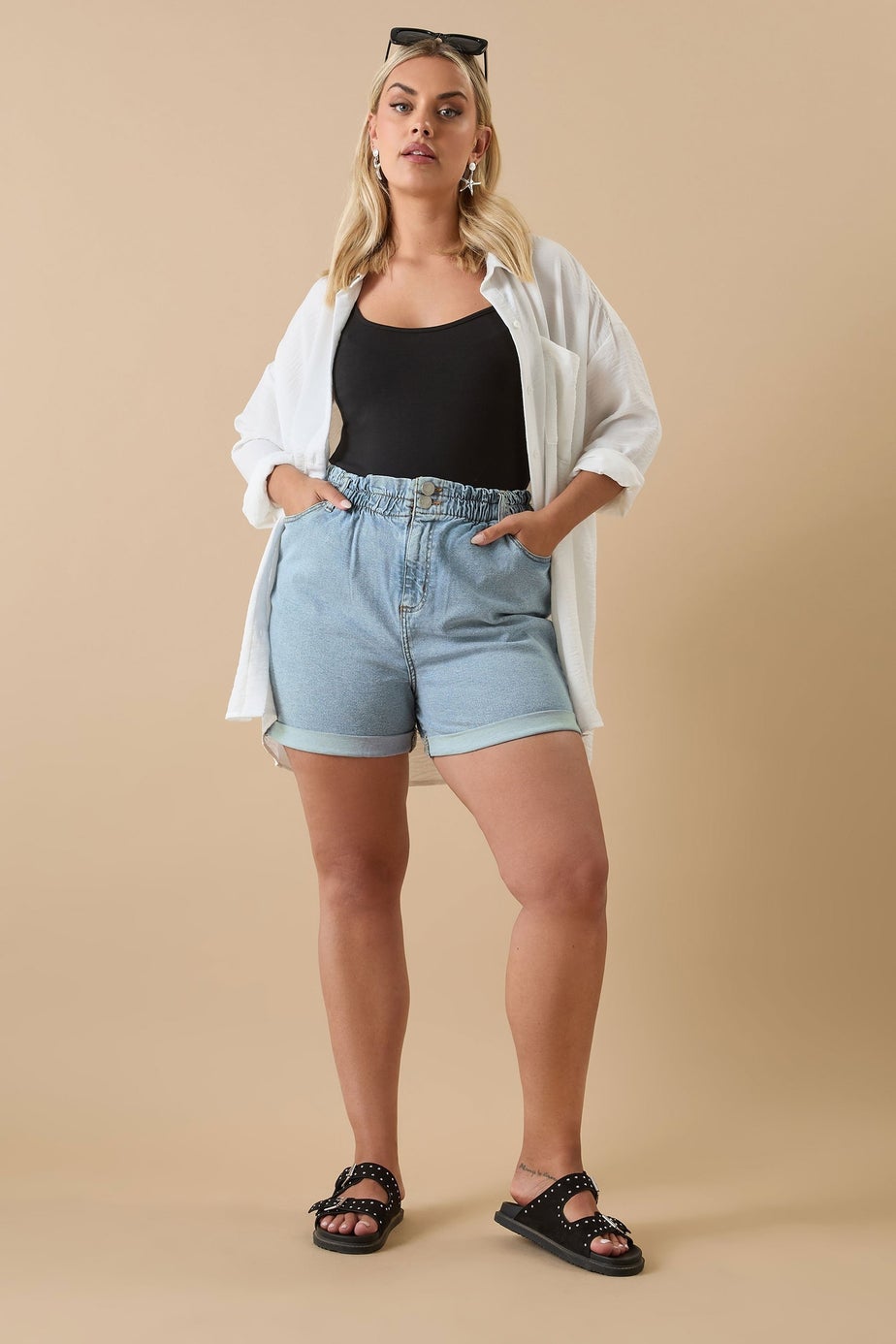Yours Curve Light Blue Elasticated Waist Turn Up Denim Shorts