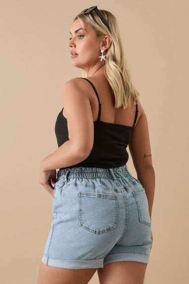 Yours Curve Light Blue Elasticated Waist Turn Up Denim Shorts