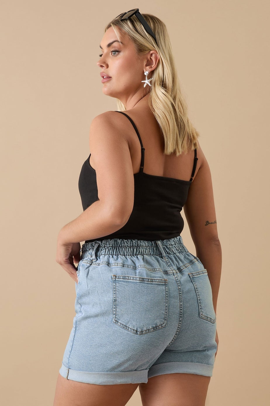 Yours Curve Light Blue Elasticated Waist Turn Up Denim Shorts