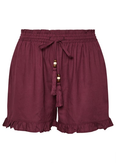 Yours Curve Berry Red Beaded Frill Hem Shorts