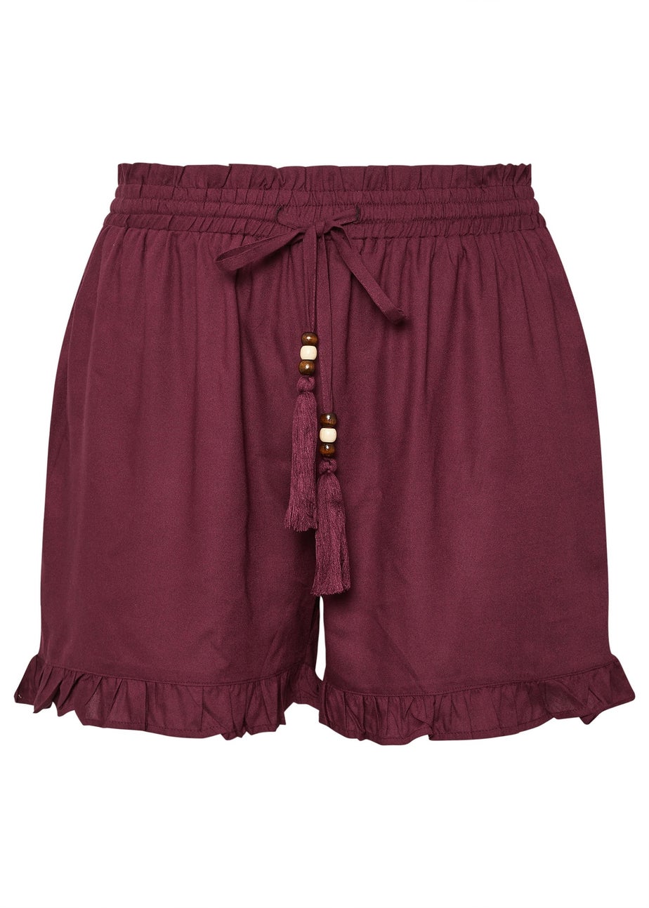 Yours Curve Berry Red Beaded Frill Hem Shorts