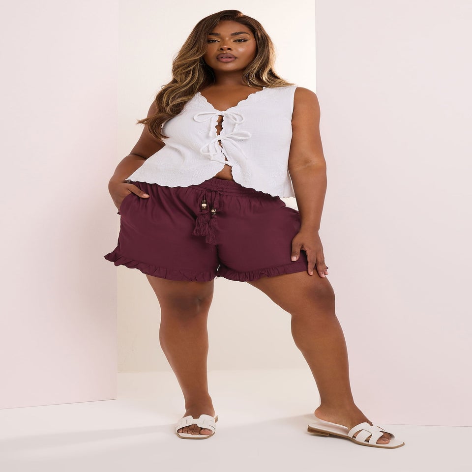 Yours Curve Berry Red Beaded Frill Hem Shorts