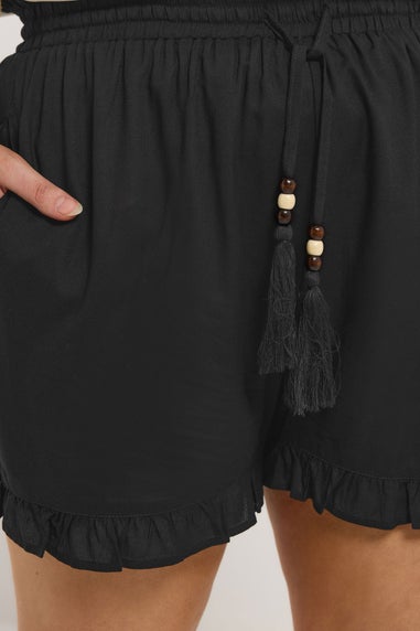 Yours Curve Black Beaded Frill Hem Shorts